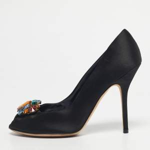مملوكة مسبقًا Dolce & Gabbana Black Satin Crytal Embellished Open Toe Pumps Size 40