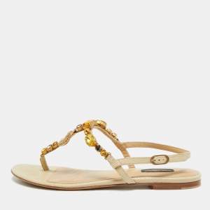 Pre Owned Dolce & Gabbana Beige Lizard Embossed Leather Crystal Embellished Thong Flat Sandals Size 39.5
