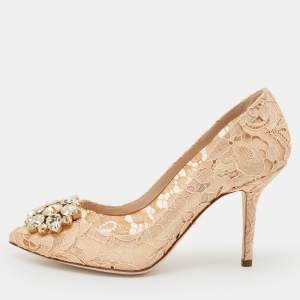 Pre Owned Dolce & Gabbana Cream Lace Bellucci Embellished Pointed Toe Pumps Size 36.5