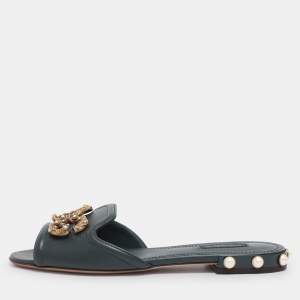 Pre Owned Dolce & Gabbana Green Leather DG Amore Logo Embellished Flat Slide Sandals Size 38