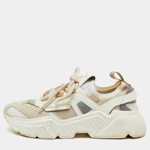 Pre Owned Dolce & Gabbana White/Beige Knit Fabric and Leather Daymaster Sneakers Size 37.5
