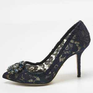 Pre Owned Dolce & Gabbana Navy Blue Lace Crystal Embellished Bellucci Pointed Toe Pumps Size 39