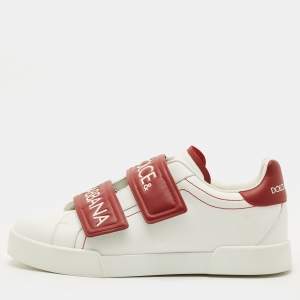 Pre Owned Dolce & Gabbana White/Red Leather Logo Velcro Strap Low Top Sneakers Size 39