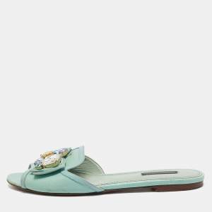 Pre Owned Dolce & Gabbana Blue Lizard Embossed Leather Crystal Embellished Bow Flat Slides Size Size 38.5