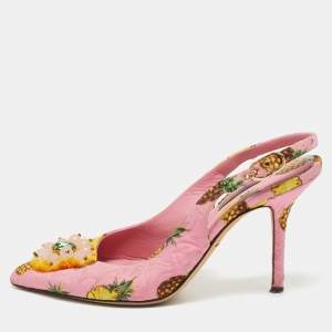 Pre Owned Dolce & Gabbana Pink Pineapple Print Fabric Embellished Slingback Pumps Size 37.5
