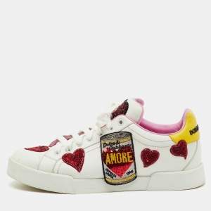Pre Owned Dolce & Gabbana White/Yellow Leather Amore Heart Embroidered Low Top Sneakers Size 41