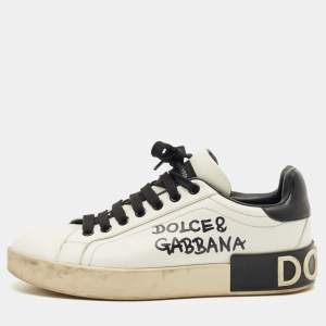 Pre Owned Dolce & Gabbana White/Black Leather Portofino Low Top Sneakers Size 37