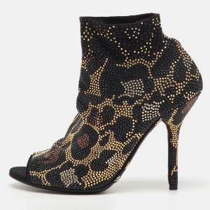 Pre Owned Dolce & Gabbana Black Stretch Fabric Metal Rhinestone Embellished Ankle Boots Size 36
