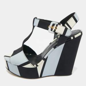 Pre Owned Dolce & Gabbana Tricolor Fabric T Strap Wedge Platform Sandals Size 39.5