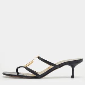 Pre Owned Dolce & Gabbana Black Leather Logo Plaque Thong Sandals Size 36