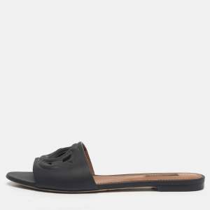 Pre Owned Dolce & Gabbana Black Leather  DG Cut Out Flat Slide Size 39.5