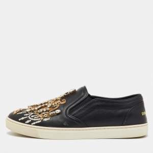 Pre Owned Dolce & Gabbana Black Leather Embellished Slip On Sneakers Size 39