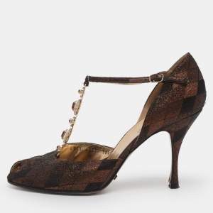 Pre Owned Dolce & Gabbana Metallic Lurex Fabric Peep Toe Ankle Strap Pumps Size 38.5