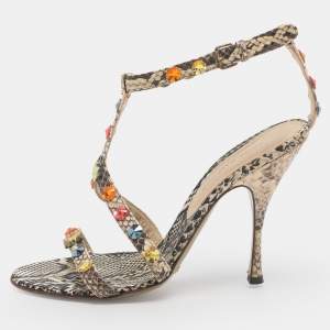 Pre Owned Dolce & Gabbana Beige Python Leather Crystal Embellished Ankle Strap Sandals Size 38.5