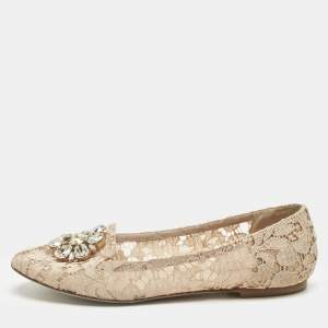 Pre Owned Dolce & Gabbana Beige Lace Crystal Embellish Ballet Flats Size 39