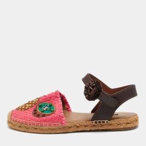 Pre Owned Dolce & Gabbana Multicolor Leather and Raffia Pineapple Kiwi Patch Espadrille Sandals Size 38