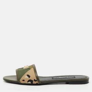 Pre Owned Dolce & Gabbana Olive Green Leather and Fabric Camouflage Flat Slide Sandals Size 38