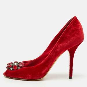 Pre Owned Dolce & Gabbana Red Velvet Taormina Crystal Embellished Peep Toe Pumps Size 38