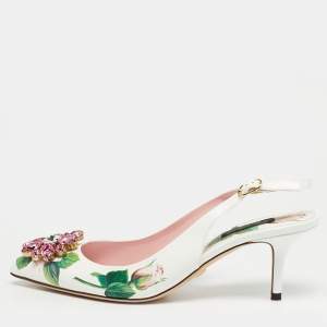 Pre Owned Dolce & Gabbana White Tropical Rose Print Leather Slingback Pumps Size 38.5