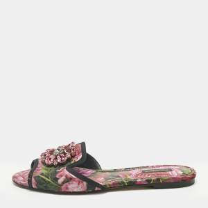 Pre Owned Dolce & Gabbana Multicolor Brocade Fabric DG Logo Flat Slides Size 39.5