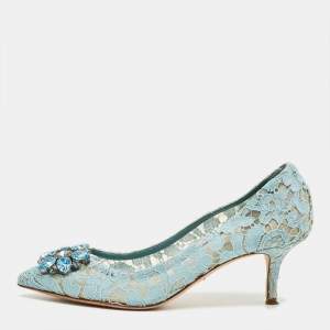 Pre Owned Dolce & Gabbana Blue Lace And Mesh Bellucci Crystal Embellished Pumps Size 39