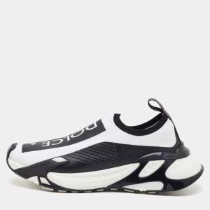 Pre Owned Dolce & Gabbana White/Black Knit Fabric Sorrento Stretch Slip On Sneakers Size 38