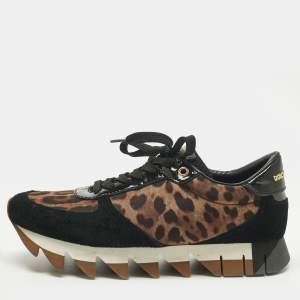 Pre Owned Dolce & Gabbana Multicolor Leopard Print Canvas and Suede Lace Up Sneakers Size 39