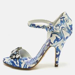 Pre Owned Dolce & Gabbana Blue Brocade Fabric Crystal Embellish Majolica Ankle Strap Sandals Size 36