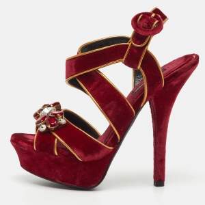 Pre Owned Dolce & Gabbana Red Velvet and Leather Crystal Embellished Platform Sandals Size 36