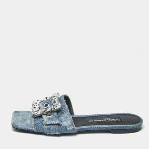 Pre Owned Dolce & Gabbana Blue Denim Crystal Embellished Buckle Flat Slides Size 38
