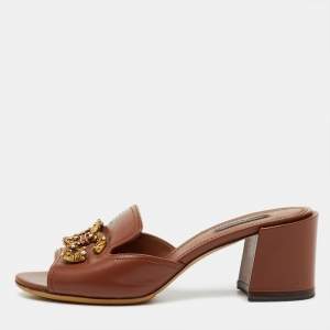 Pre Owned Dolce & Gabbana Brown Leather DG Amore Block Heel Slide Sandals Size 38