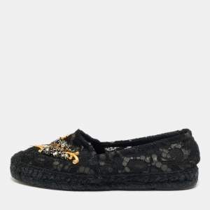 Pre Owned Dolce & Gabbana Black Lace And Mesh Crystal Embellished Espadrille Flats Size 36
