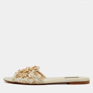 Pre Owned Dolce & Gabbana Off White Lace and Satin Crystal Embellished Bianca Flat Slide Sandals Size 41