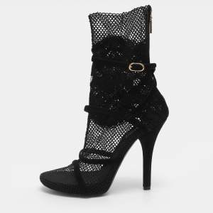 Pre Owned Dolce & Gabbana Black Lace and Mesh Mid Calf Boots Size 38.5