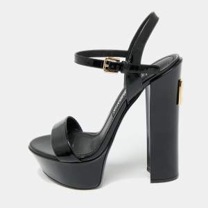 Pre Owned Dolce & Gabbana Black Patent Leather Ankle Strap Platform Sandals Size 38.5
