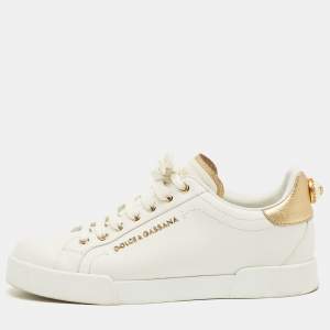 Pre Owned Dolce & Gabbana White/Gold Leather Portofino Low Top Sneakers Size 39
