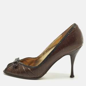 Pre Owned Dolce & Gabbana Brown/Black Python and Leather Double Bow Peep Toe Pumps Size 38.5