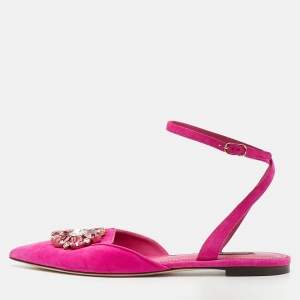 Pre Owned Dolce & Gabbana Pink Suede Crystal Embellish Bellucci Ankle Strap Flats Size 38