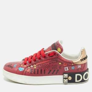 مملوكة مسبقًا Dolce & Gabbana Portofino Size 37.5 Burgundy Leather Lace Up Sneakers