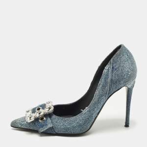 مملوكة مسبقًا Dolce & Gabbana Bellucci Size 36 Blue Denim Rhinestone Buckle Pumps