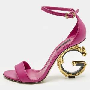 Pre Owned Dolce & Gabbana Keira DG Baroque Size 38 Pink Leather Ankle Strap Sandals