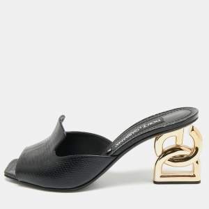 Pre Owned Dolce & Gabbana Keira Size 39 Black Lizard Embossed Leather Slide Sandals