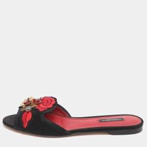 Pre Owned Dolce & Gabbana Size 37.5 Black Satin Floral Embroidered Flats
