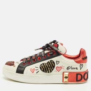 Pre Owned Dolce & Gabbana Portofino Size 38 White/Black Leather Lace Up Sneakers