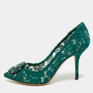 Pre Owned Dolce & Gabbana Bellucci Size 38 Green  Lace and Mesh Pumps