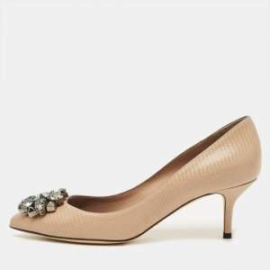 Pre Owned Dolce & Gabbana Bellucci Size 37 Beige Lizard Embossed Leather Pumps