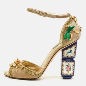 Pre Owned Dolce & Gabbana Size 39 Gold Velvet Pearls and Flower Embellished Ankle Strap Sandals