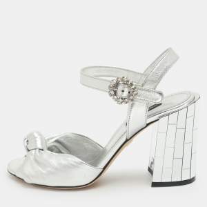 Pre Owned Dolce & Gabbana Size 37 Silver Foil Leather Mirror Heel Ankle Strap Sandals