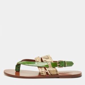 Pre Owned Dolce & Gabbana Anica Size 39.5 Green/Beige Patent Leather and Python Leather Thong Slingback