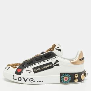 Pre Owned Dolce & Gabbana Portofino Size 39 Tricolor Leather embroidery love Low Top Sneakers